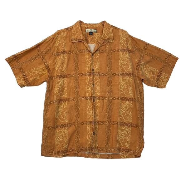 Tommy Bahama Shirt Mens L Large Amber Cheddar Floral Silk Tropical Shirttail Hem - Picture 1 of 10